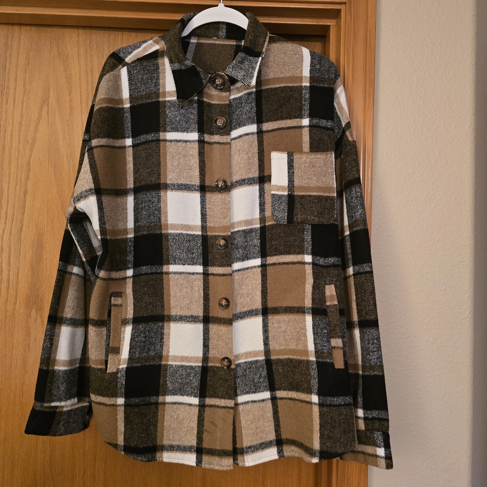 SO Women's Plaid Shirt Jacket - Black, Brown, White